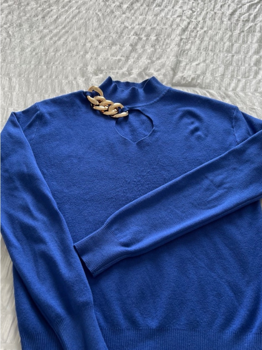 Blue Cowl Neck Sweater with Decorative Chain